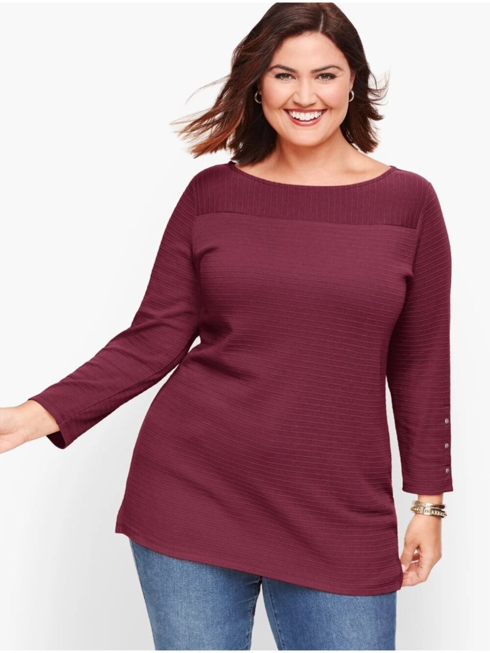 Talbots Ribbed Top Womens Size 3X Burgundy Ottoman Button Sleeve Pima Cotton
